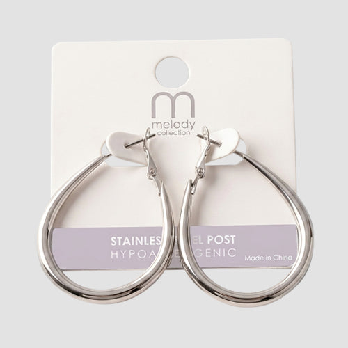 Stainless Steel Tube Teardrop Hoop Earring in Silver