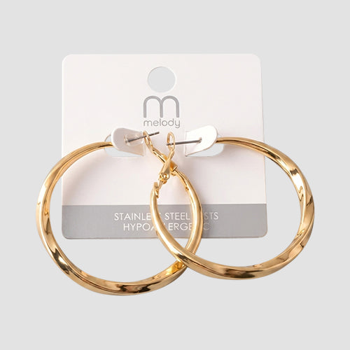 Stainless Steel Post Box Twist Hoop Earring in Gold