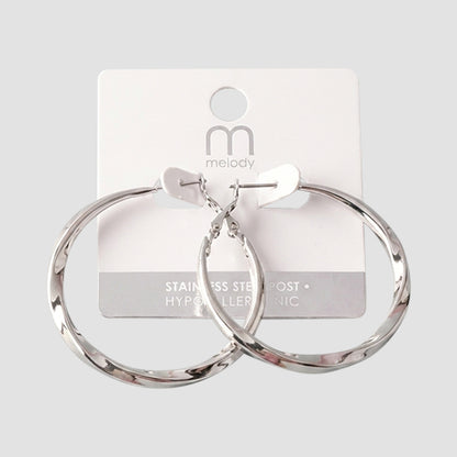 Stainless Steel Box Twist Hoop Earring in Silver