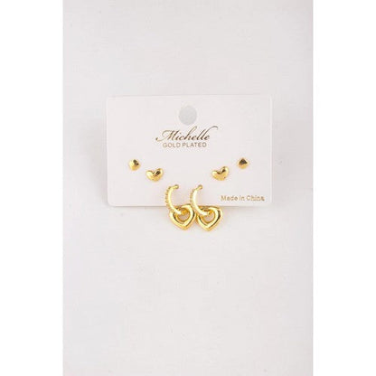 Gold Plated Rhinestone Heart Huggie Earring Set in Gold