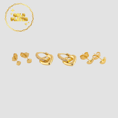 Gold Plated Rhinestone Heart Huggie Earring Set in Gold