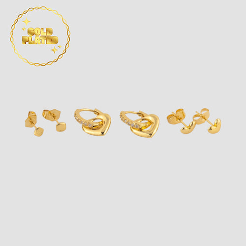 Gold Plated Rhinestone Heart Huggie Earring Set in Gold