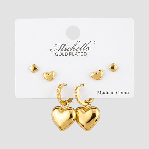 Gold Plated Rhinestone Heart Huggie Earring Set in Gold