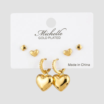 Gold Plated Rhinestone Heart Huggie Earring Set in Gold