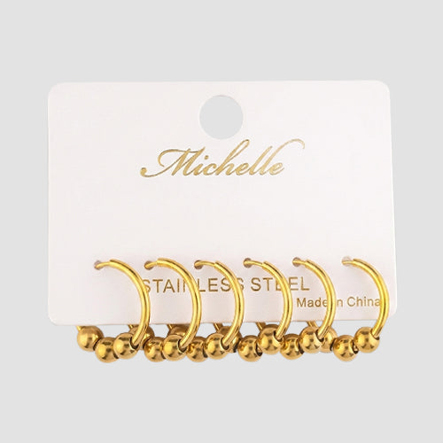 Stainless Steel Beaded Huggie Hoop Earring Set in Gold