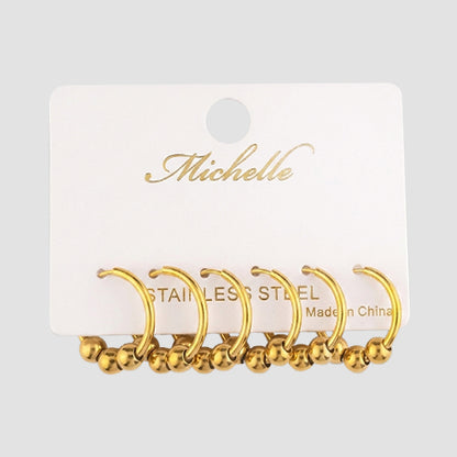 Stainless Steel Beaded Huggie Hoop Earring Set in Gold