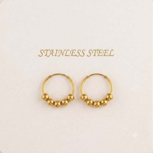 Stainless Steel Beaded Huggie Hoop Earring Set in Gold