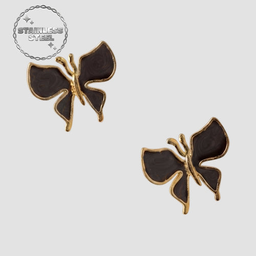 Stainless Steel Enamel Butterfly Earring in Gold & Black