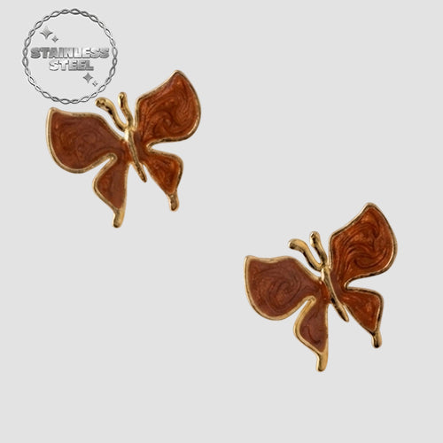 Stainless Steel Enamel Butterfly Earring in Gold & Brown