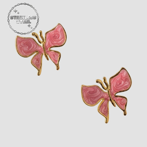 Stainless Steel Enamel Butterfly Earring in Gold & Pink