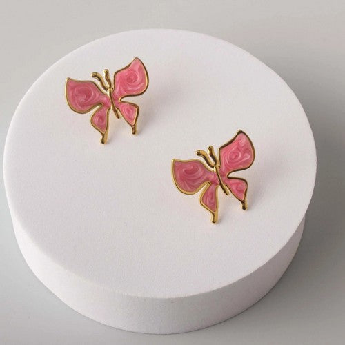ERES0014 Stainless Steel Enamel Butterfly Earring in Gold & Pink