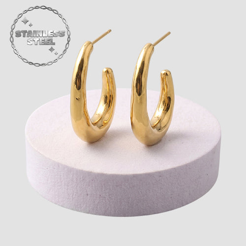 Stainless Steel Thick Oval Open Hoop Earring in Gold