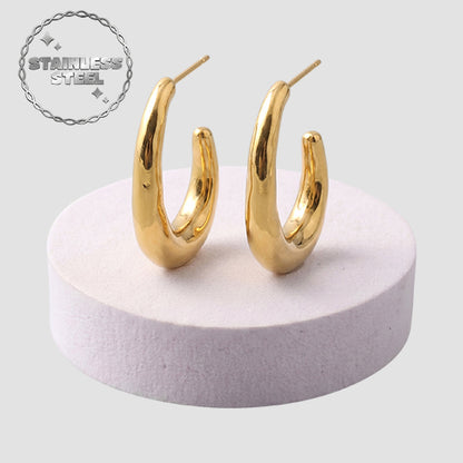 Stainless Steel Thick Oval Open Hoop Earring in Gold