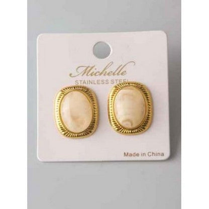 Stainless Steel Stone Oval Etched Frame Earring in Gold & White