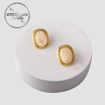 Stainless Steel Stone Oval Etched Frame Earring in Gold & White