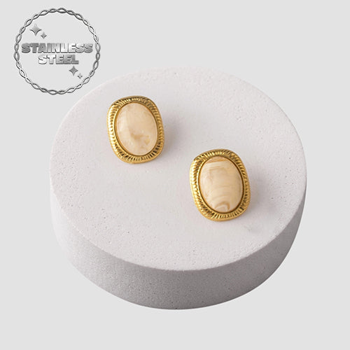 Stainless Steel Stone Oval Etched Frame Earring in Gold & White