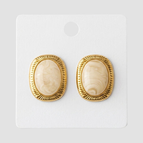 Stainless Steel Stone Oval Etched Frame Earring in Gold & White
