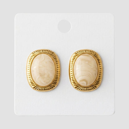 Stainless Steel Stone Oval Etched Frame Earring in Gold & White