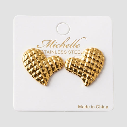 Stainless Steel Matelasse Heart Stopper Earring in Gold