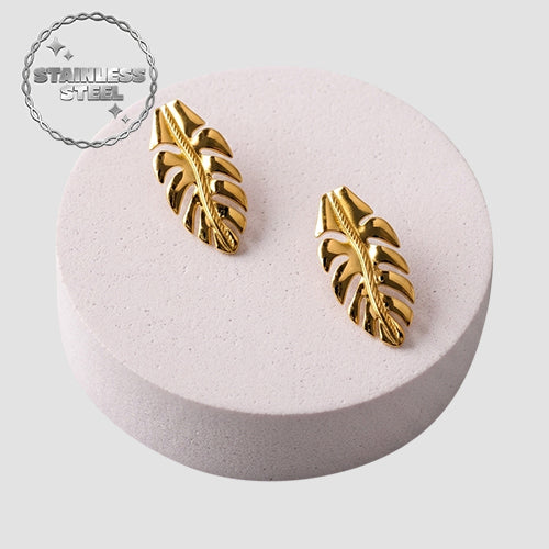 Stainless Steel Palm Leaf Earring in Gold