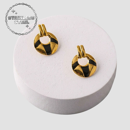 Stainless Steel Enamel Doorknocker Earring in Gold/Black