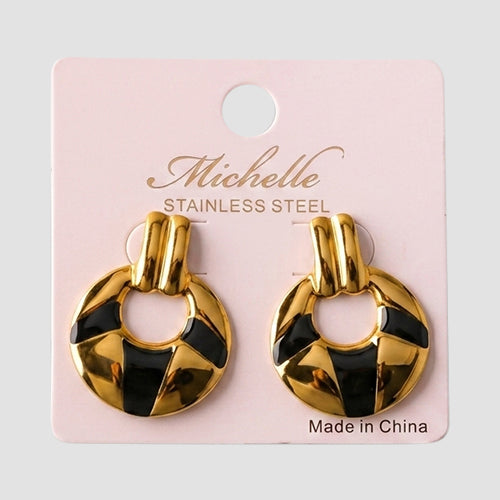 Stainless Steel Enamel Doorknocker Earring in Gold/Black