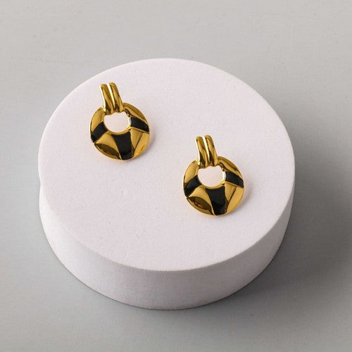 ERES0113 Stainless Steel Enamel Doorknocker Earring in Gold/Black 