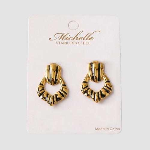 Stainless Steel Stripe Doorknocker Earring in Gold/Black