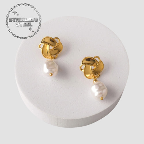 Stainless Steel Knot Pearl Drop Earring in Gold