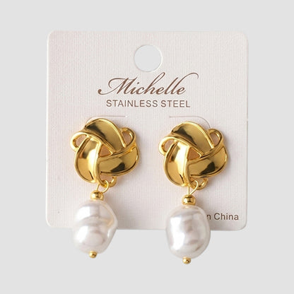 Stainless Steel Knot Pearl Drop Earring in Gold