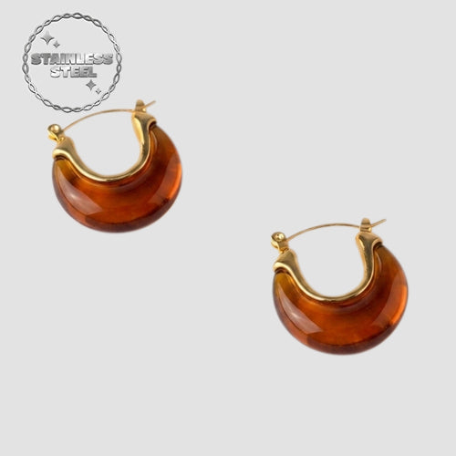Stainless Steel Stone Arch Hoop Huggie Earring in Brown