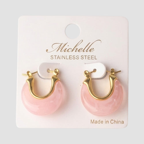 Stainless Steel Stone Arch Hoop Huggie Earring in Pink