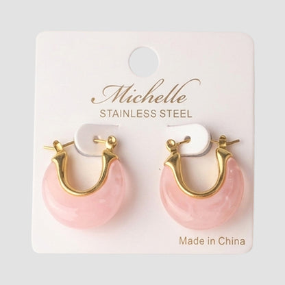 Stainless Steel Stone Arch Hoop Huggie Earring in Pink