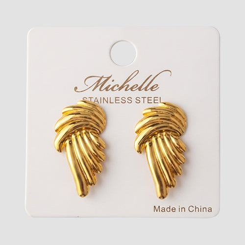 Stainless Steel Ribbed Wings Earring in Gold