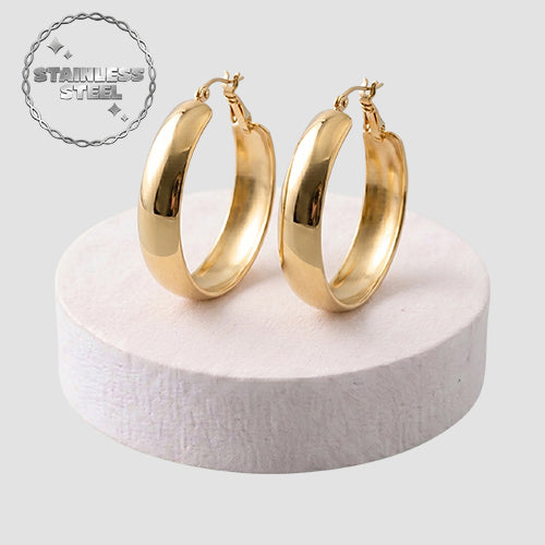 Stainless Steel Wide Hoop Earring in Gold