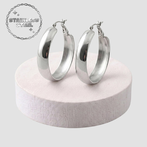 Stainless Steel Wide Hoop Earring in Silver