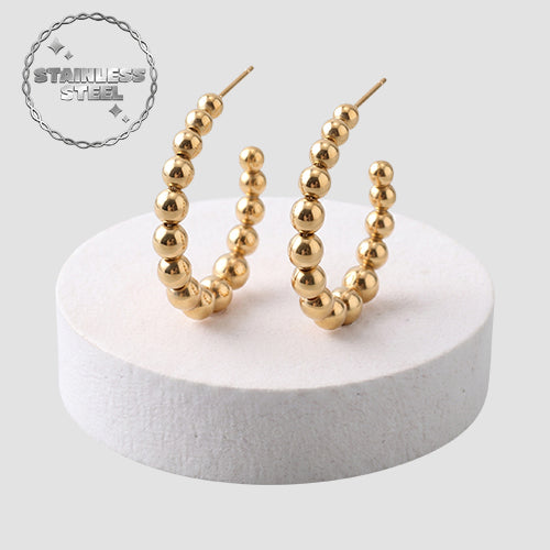 Stainless Steel Graduated Bead Open Hoop Earring in Gold