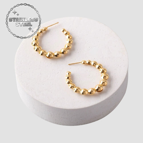 Stainless Steel Graduated Bead Open Hoop Earring in Gold