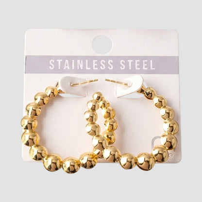 Stainless Steel Graduated Bead Open Hoop Earring in Gold