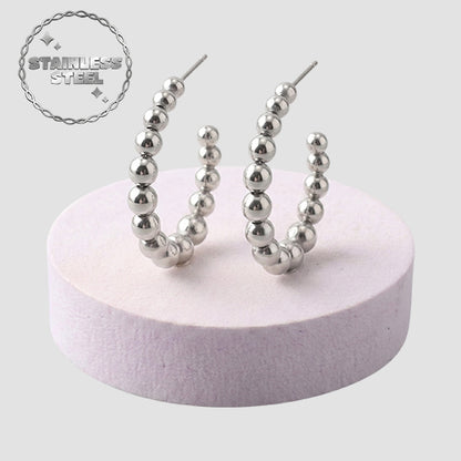 Stainless Steel Graduated Bead Open Hoop Earring in Silver