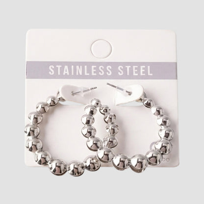 Stainless Steel Graduated Bead Open Hoop Earring in Silver