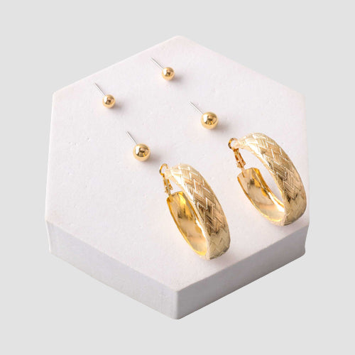 Textured Hoop Stud 3-Pair Earring Set in Gold