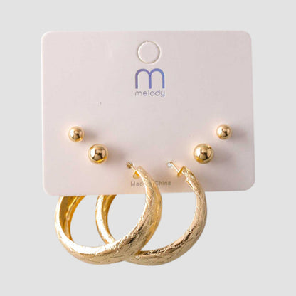 Textured Hoop Stud 3-Pair Earring Set in Gold