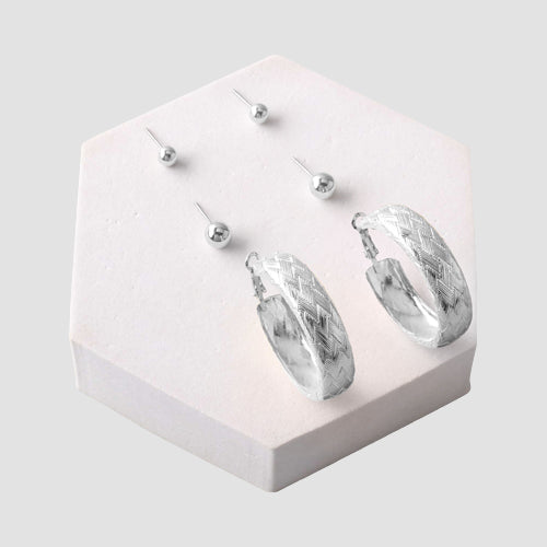 Textured Hoop Stud 3-Pair Earring Set in Silver