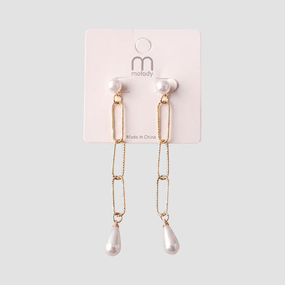 Triple Link Teardrop Pearl Earring in Gold