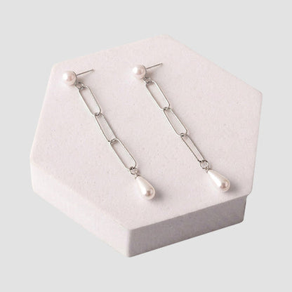 ER37208 Triple Link Teardrop Pearl Earring in Silver