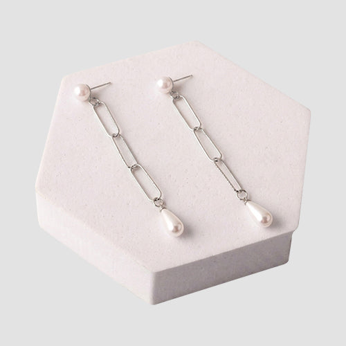 ER37208 Triple Link Teardrop Pearl Earring in Silver