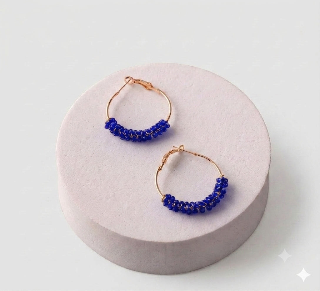 ER37842 Bead Wrapped Hoop Earring in Royal Blue