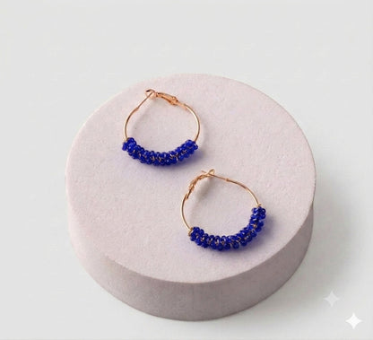 ER37842 Bead Wrapped Hoop Earring in Royal Blue