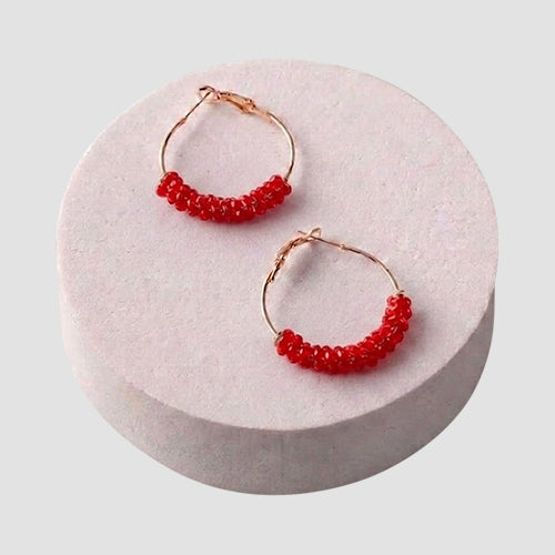 ER37842 Bead Wrapped Hoop Earring in Red